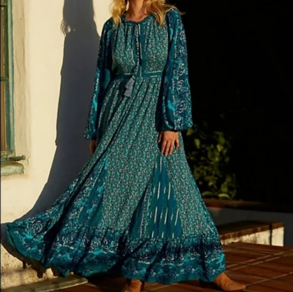 FREE PEOPLE Blue Green Boho Ruffled Hem Maxi Dress XS
